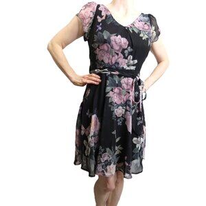 Black Dress Womens 6 Petite Chiffon Flirty British Garden Butterflies Roses